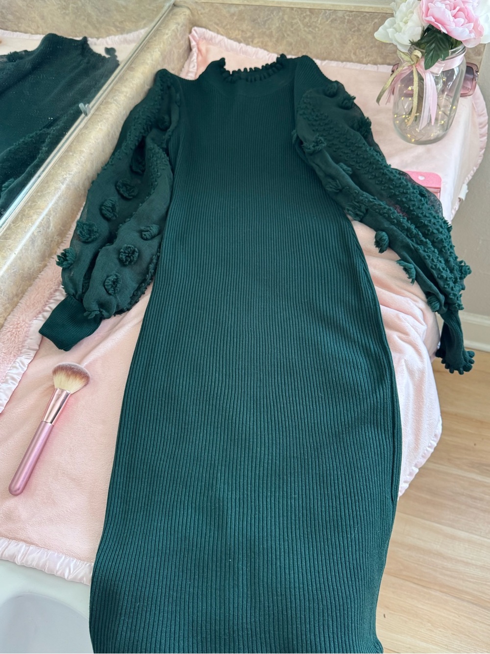 Almost Famous Dark Green Ribbed Dress with Pom-Pom Bubble Sleeves